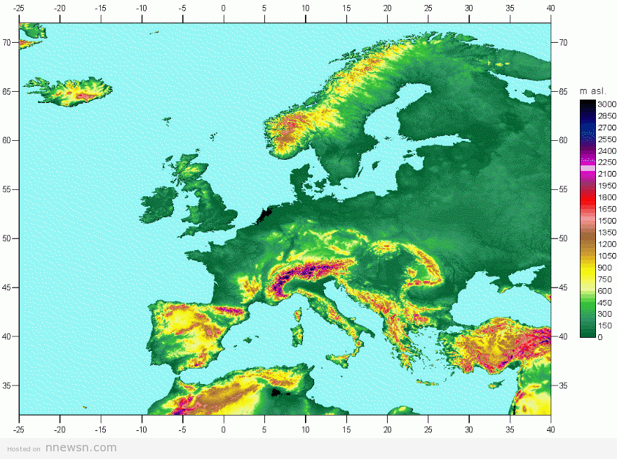 خريطة اوروبا الطبوغرافية