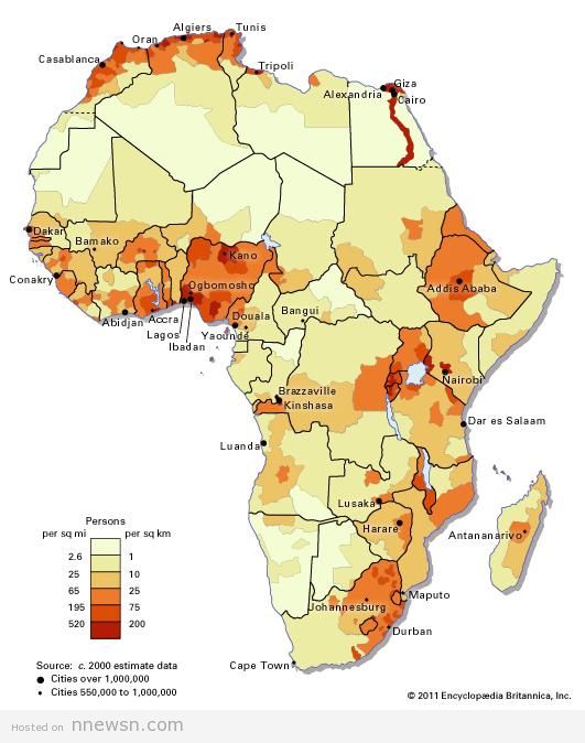 خريطة الكثافة السكانية بافريقيا