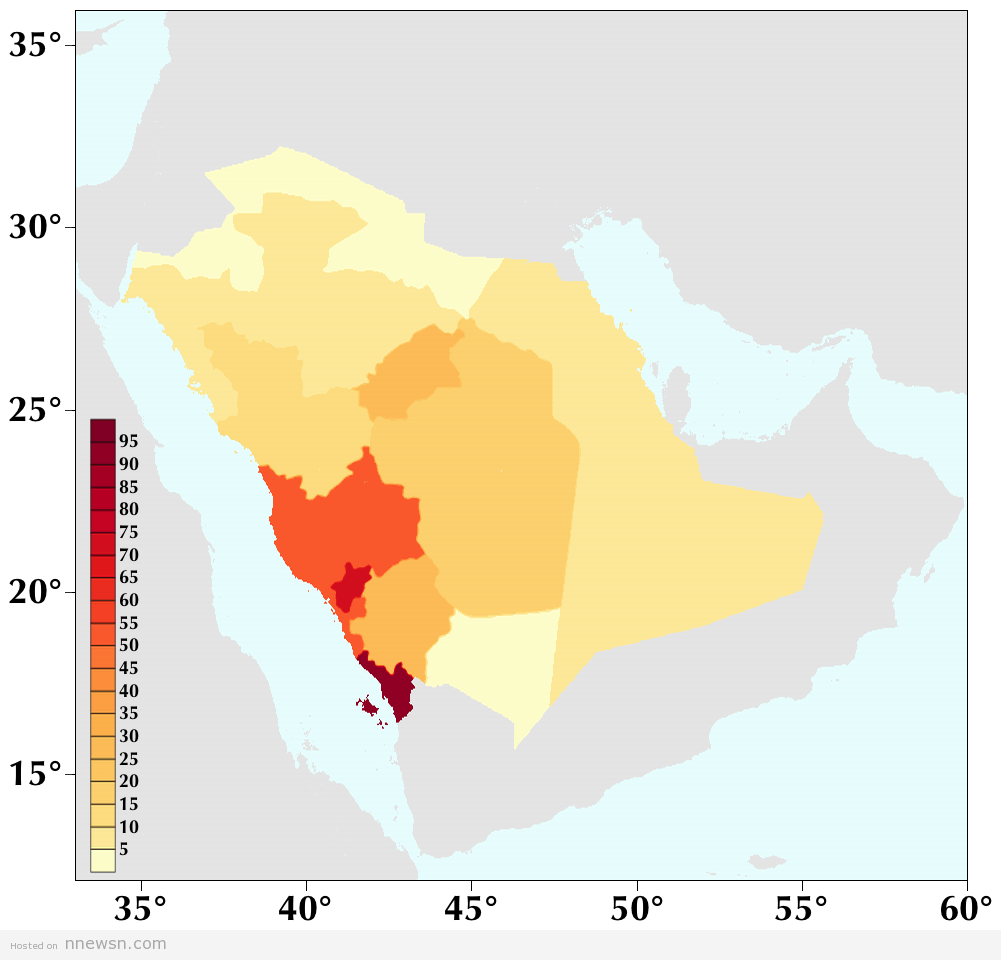 خريطة الكثافة السكانية بالسعودية
