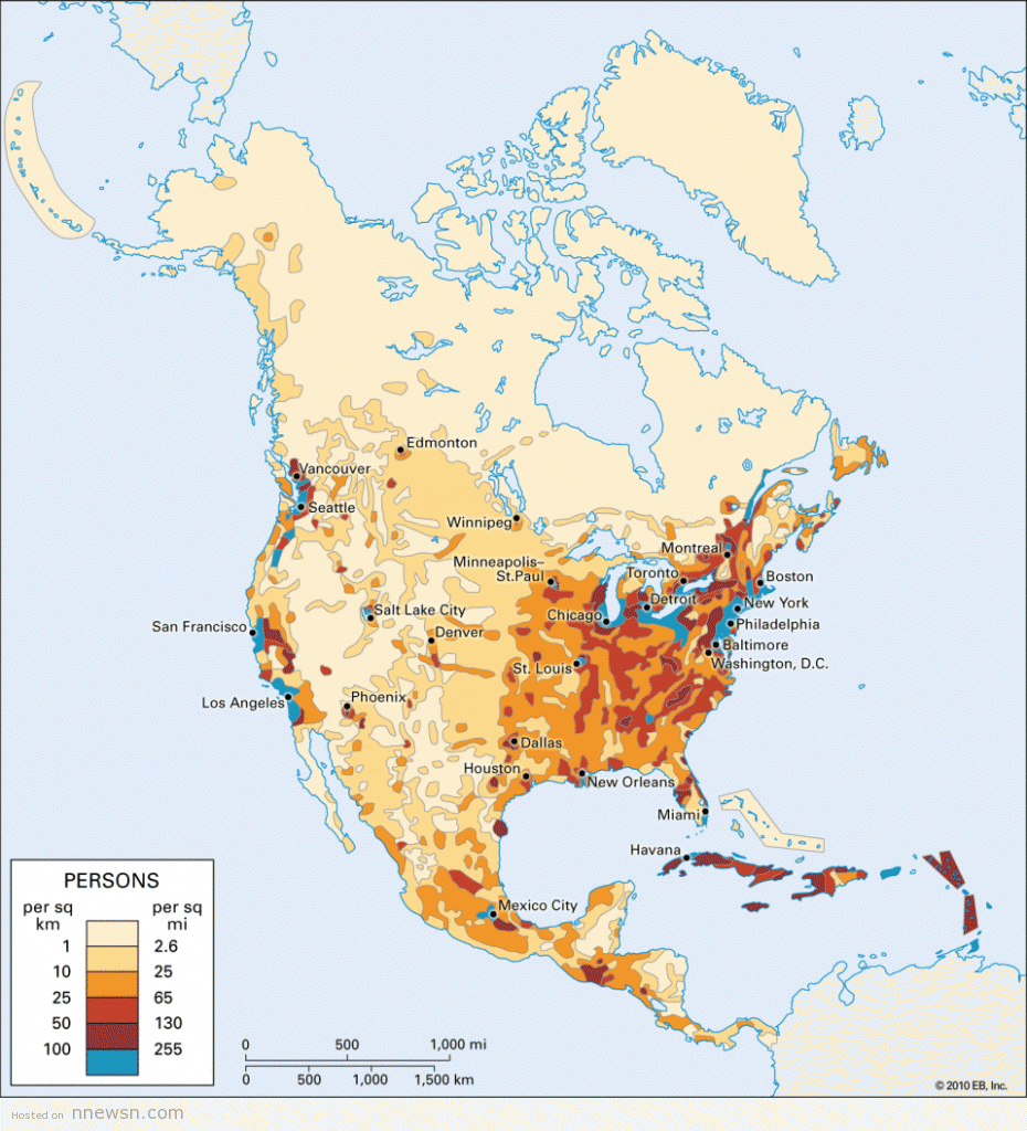 خريطة الكثافة السكانية بامريكا الشمالية