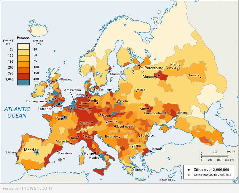 خريطة الكثافة السكانية في اوروبا